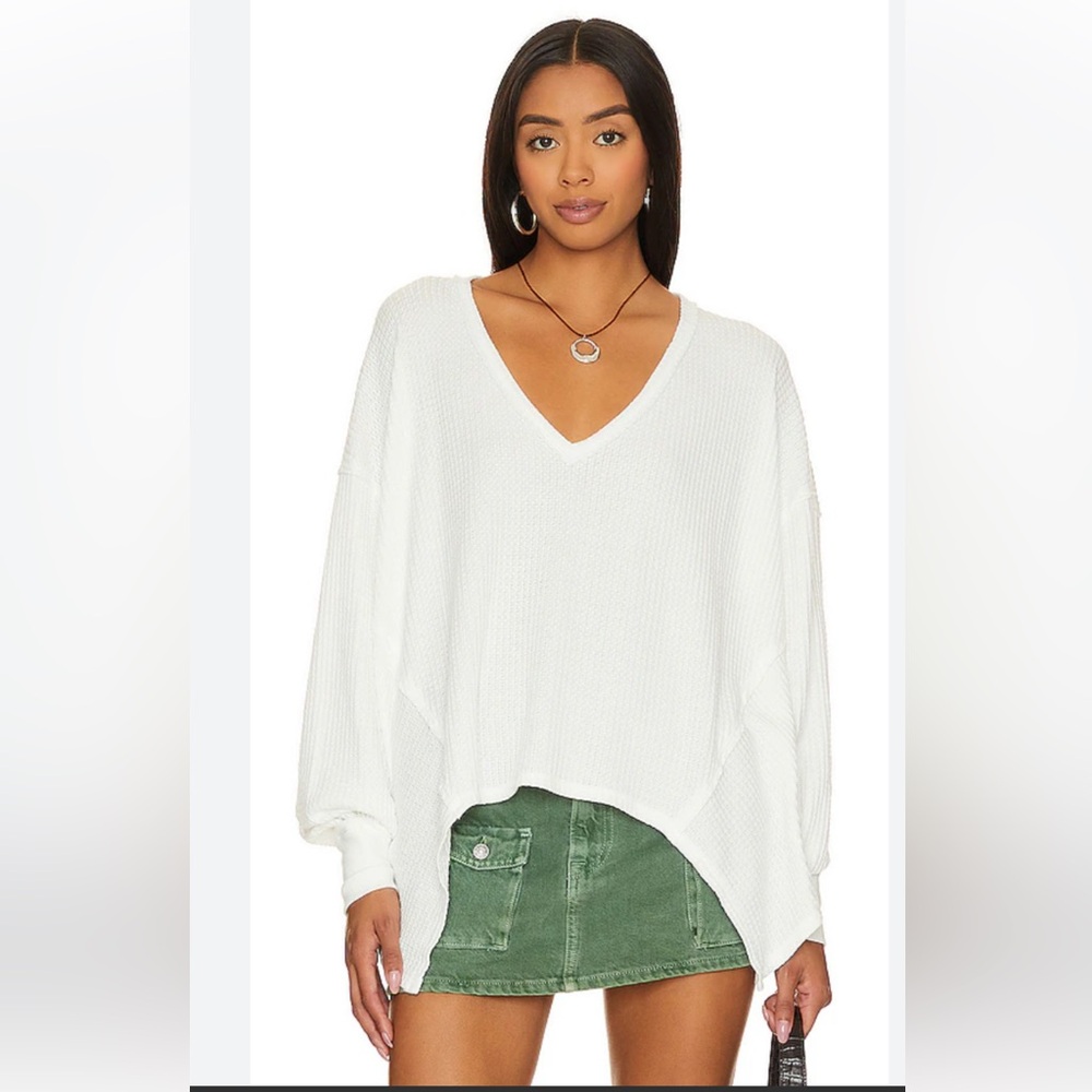 FREE PEOPLE Coraline Waffle Knit Thermal Swing Top 🖤 Ivory White - Large